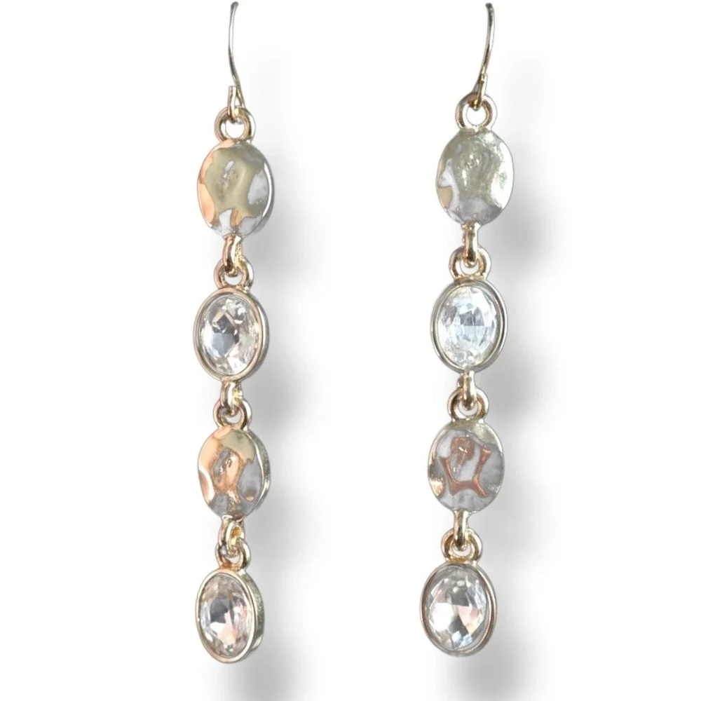 Vintage Sample Clear Crystal Hammered Silver Linear Drop Earrings New Old Stock